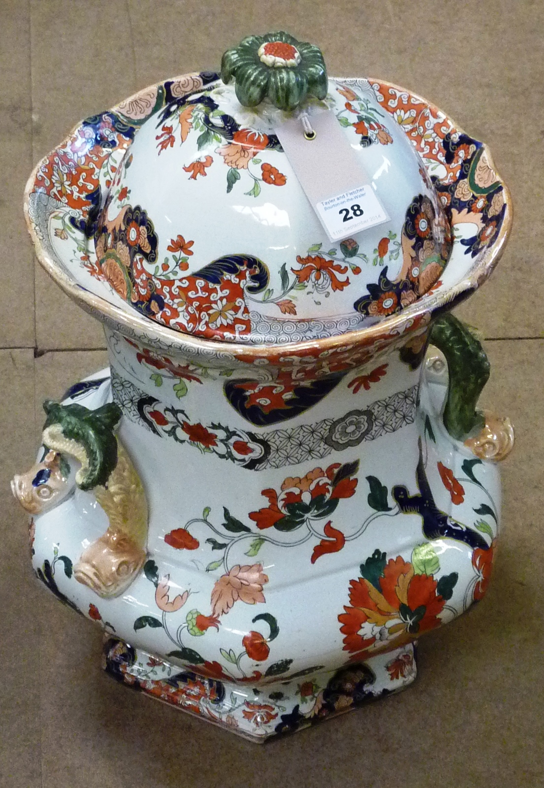 A very large Mason`s Ironstone Vase and Cover, rare printed marks for ``Fenton Stoneworks`` being