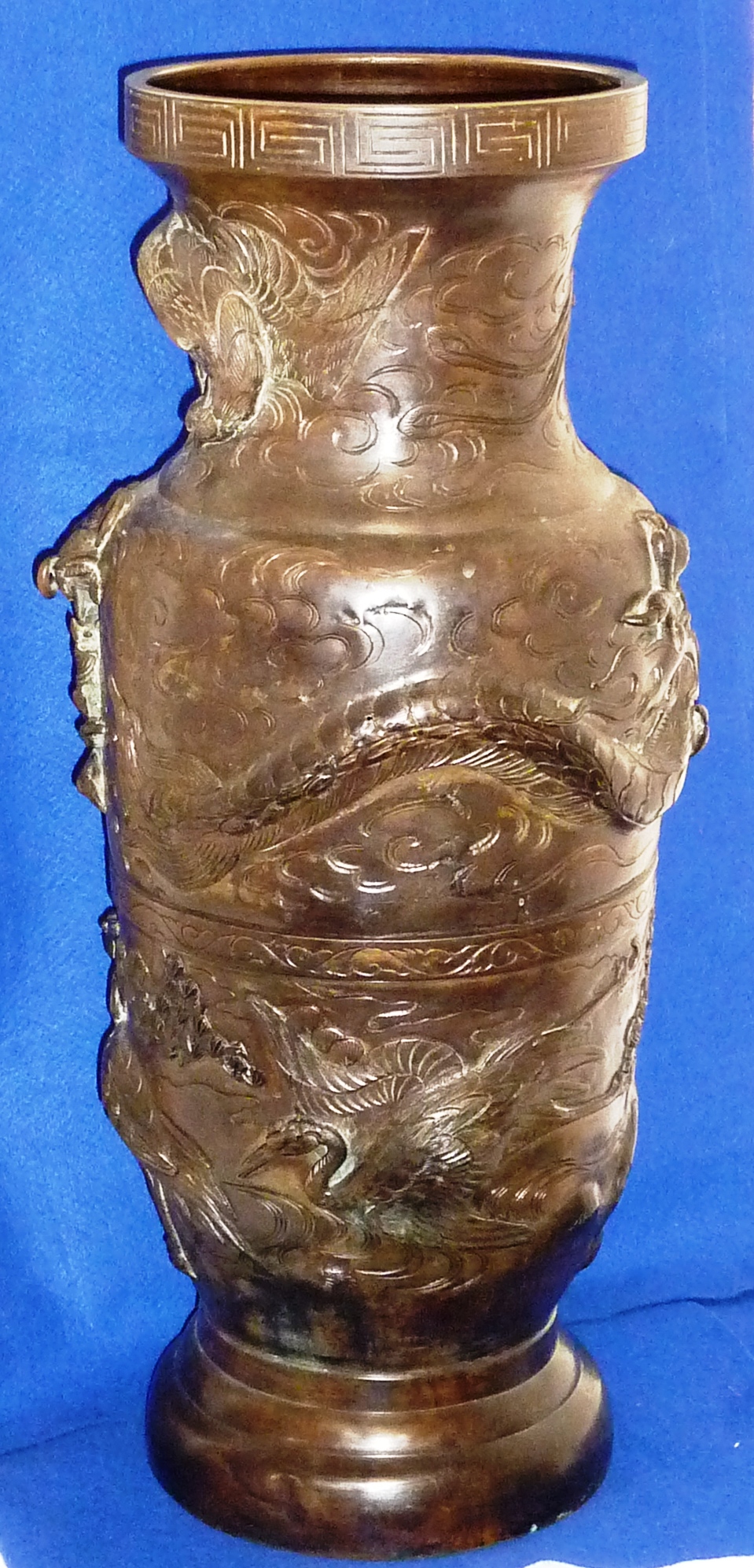 A massive Chinese baluster shaped patinated bronze Vase, the lip with a key fret border above two - Image 2 of 4