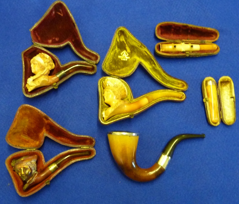 A selection of six mostly late 19th Century Meerschaum Pipes (five of them cased and one with 9