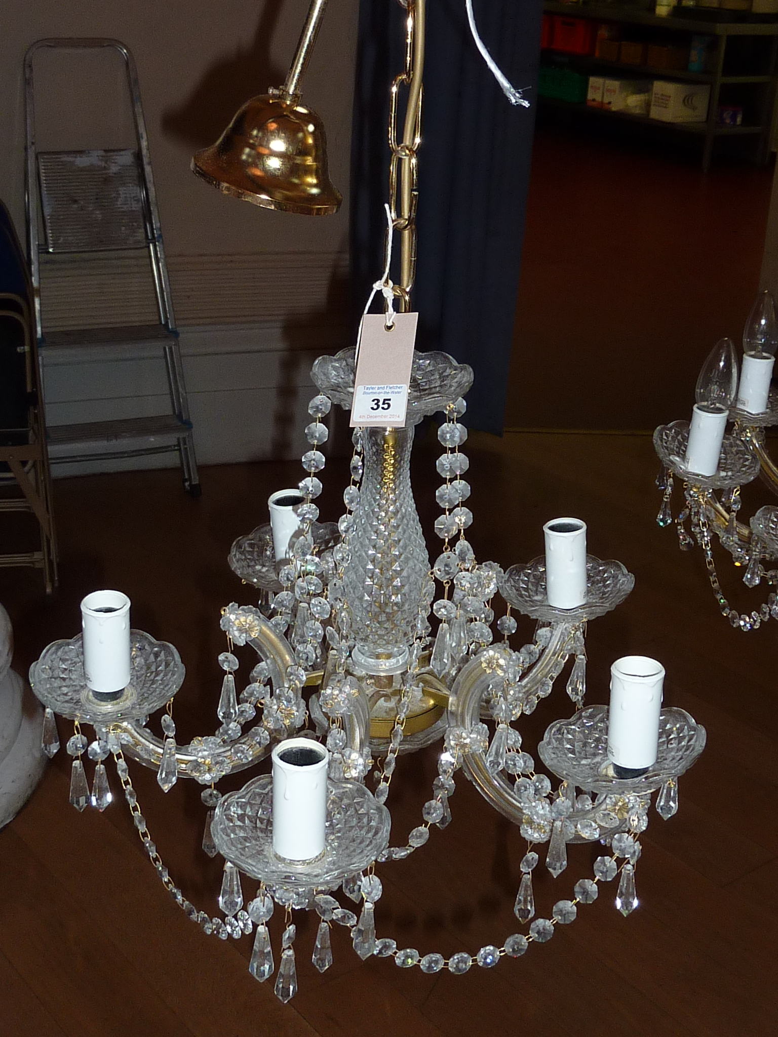 A nice quality (originally from Harrods) cut and moulded glass 20th Century five light Chandelier