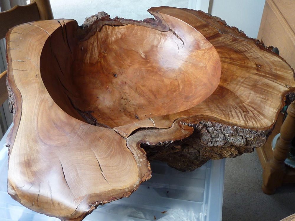 A large and unusual sculptural Bowl, figured and split gnarled grain, (possibly elm)