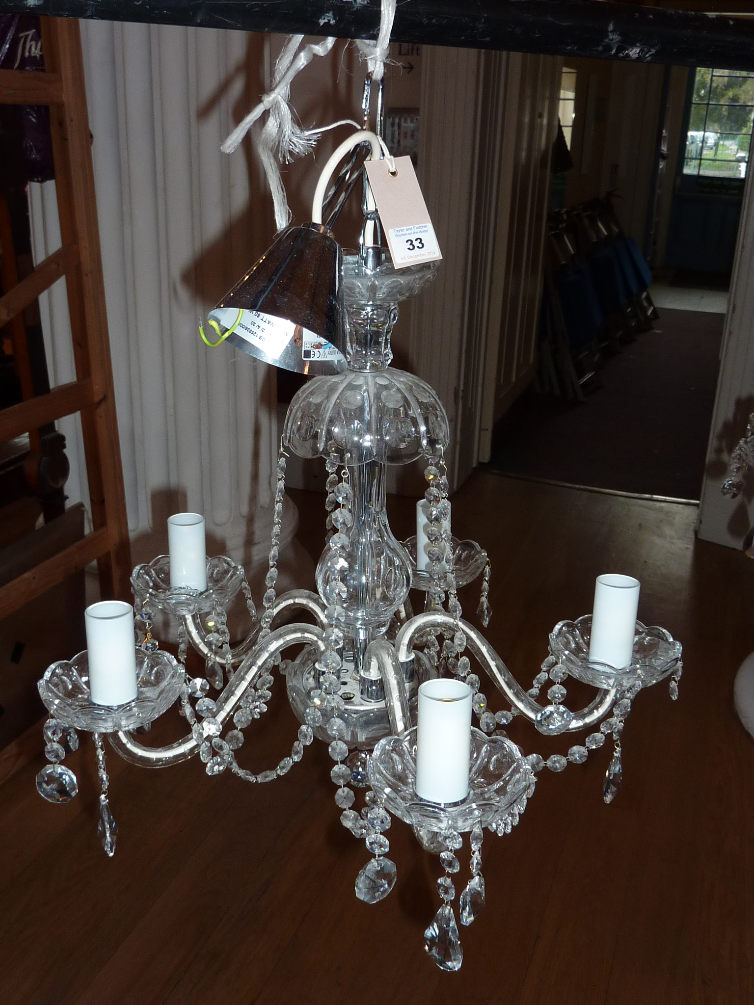 A nice quality (originally from Harrods) cut and moulded glass 20th Century five light Chandelier