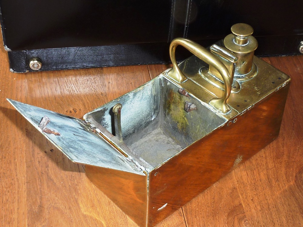 An intriguing early 19th Century heavy brass Tobacco Dispenser with carrying handle, makers name ( - Image 2 of 2