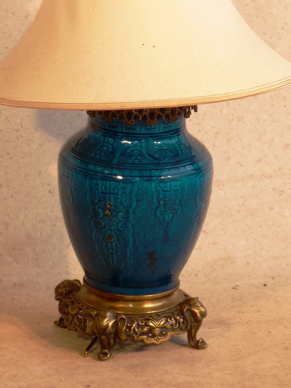 An early 20th Century Bedside Lamp, the baluster shaped body adapted from a Chinese turquoise