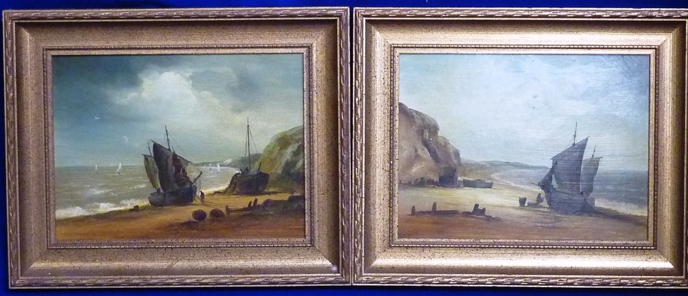 A pair of 20th Century Oils on Board, Marine Studies "Fishing Boats on the Foreshore", unsigned