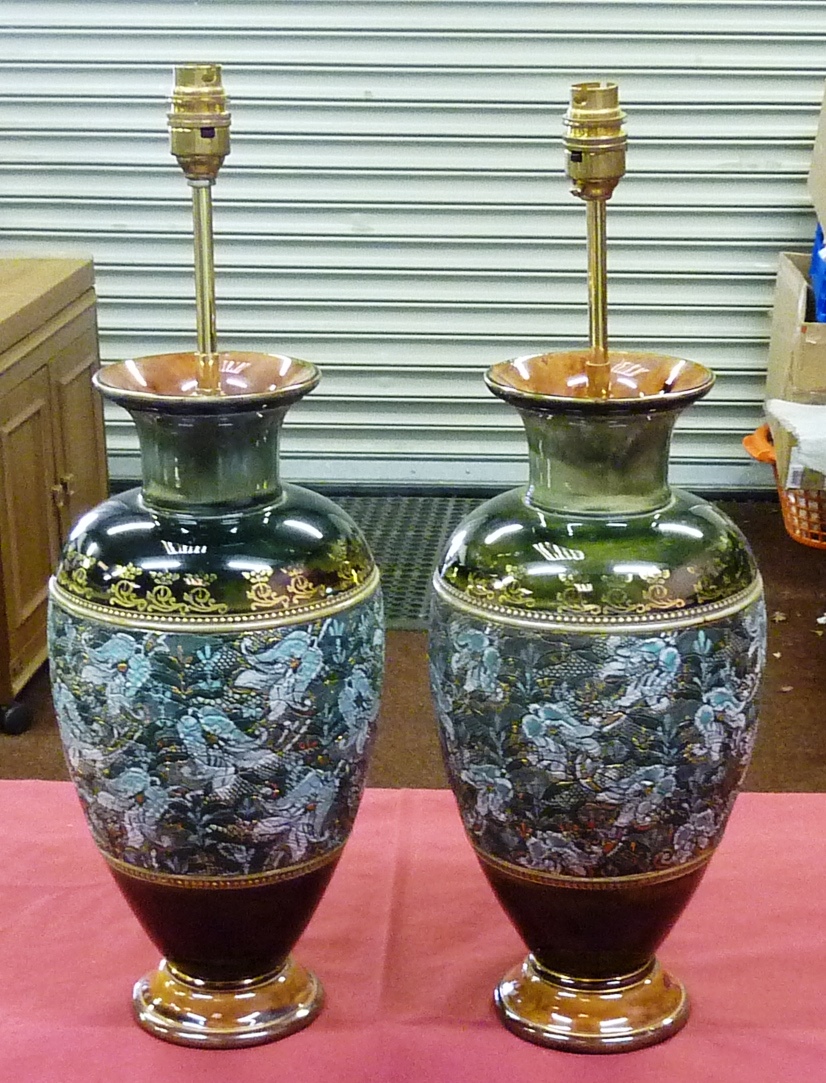 A pair of early 20th Century Doulton Slater's Patent baluster shaped Vases (together with light