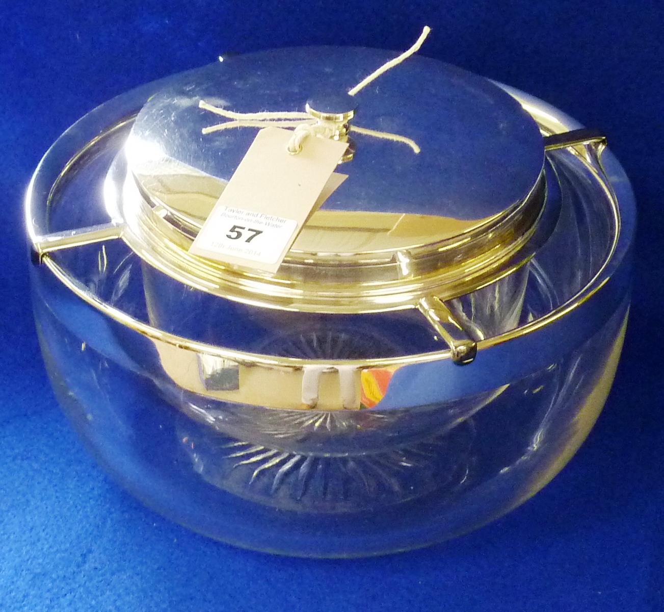 A circular clear glass Ice Bowl and outer, together with silver plated lid and mounts, each glass