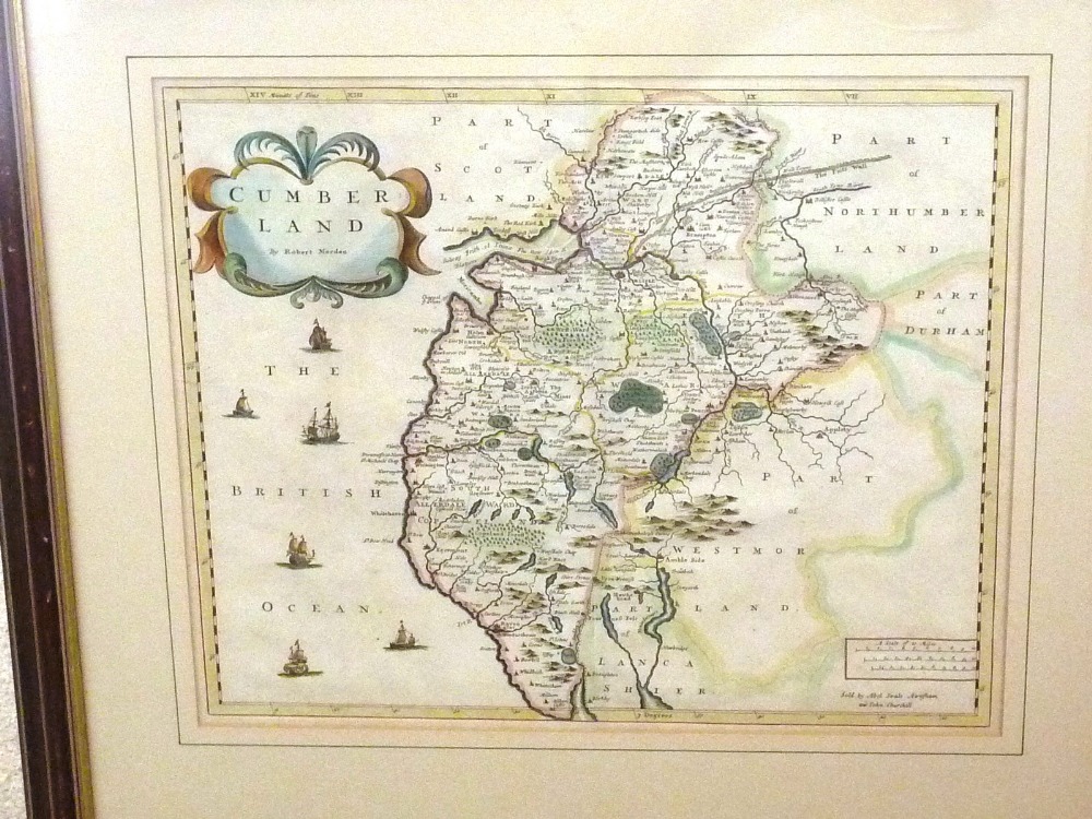 An early 18th Century framed and glazed (later) copper plate hand coloured Engraving "Cumber Land"