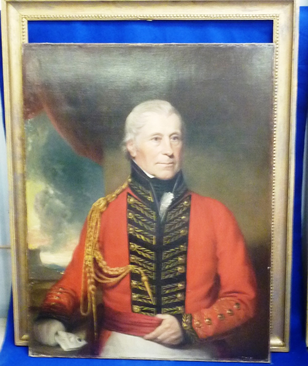 An early 19th Century three quarter length Portrait of a military gentleman wearing a red dress