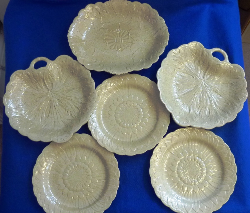 An early Victorian six piece Wedgwood Pottery part Dessert Service comprising two leaf moulded