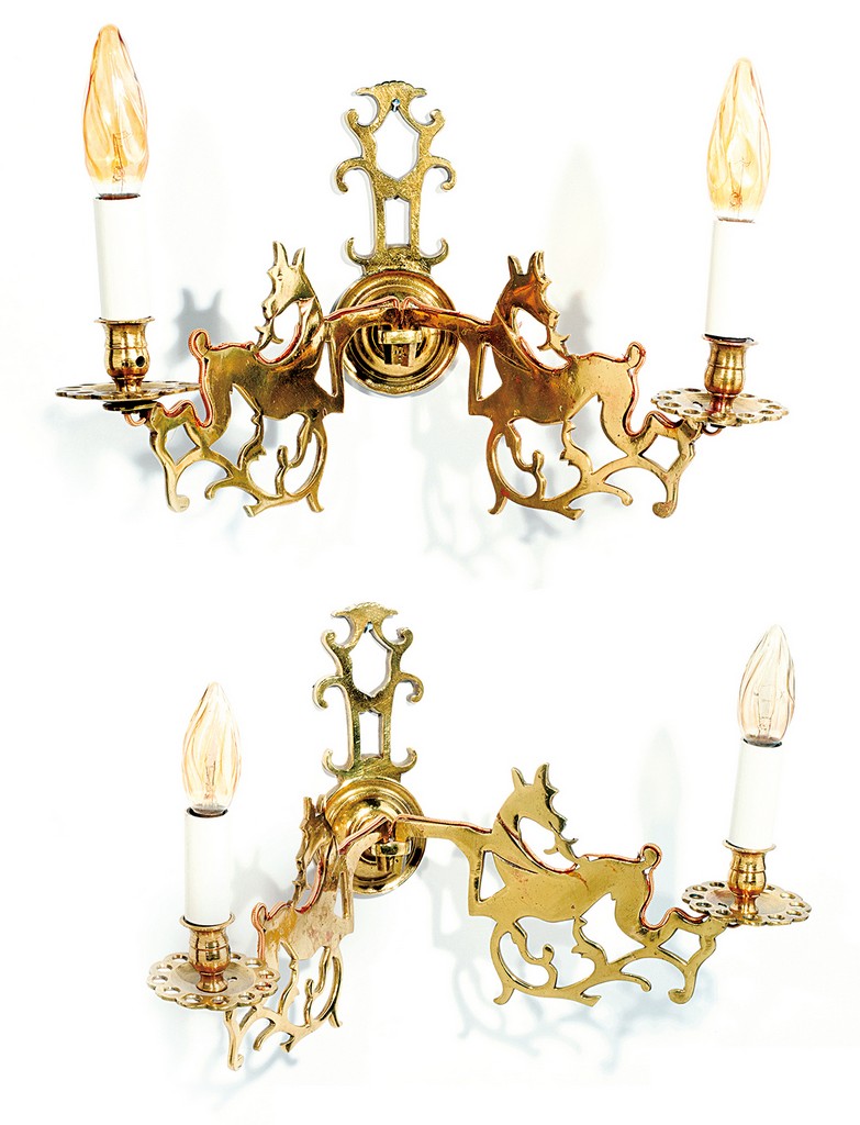 A pair of ormolu two-branch wall-lights, partly of the 18th  century. HEIGHT. 10 15/664 IN. -