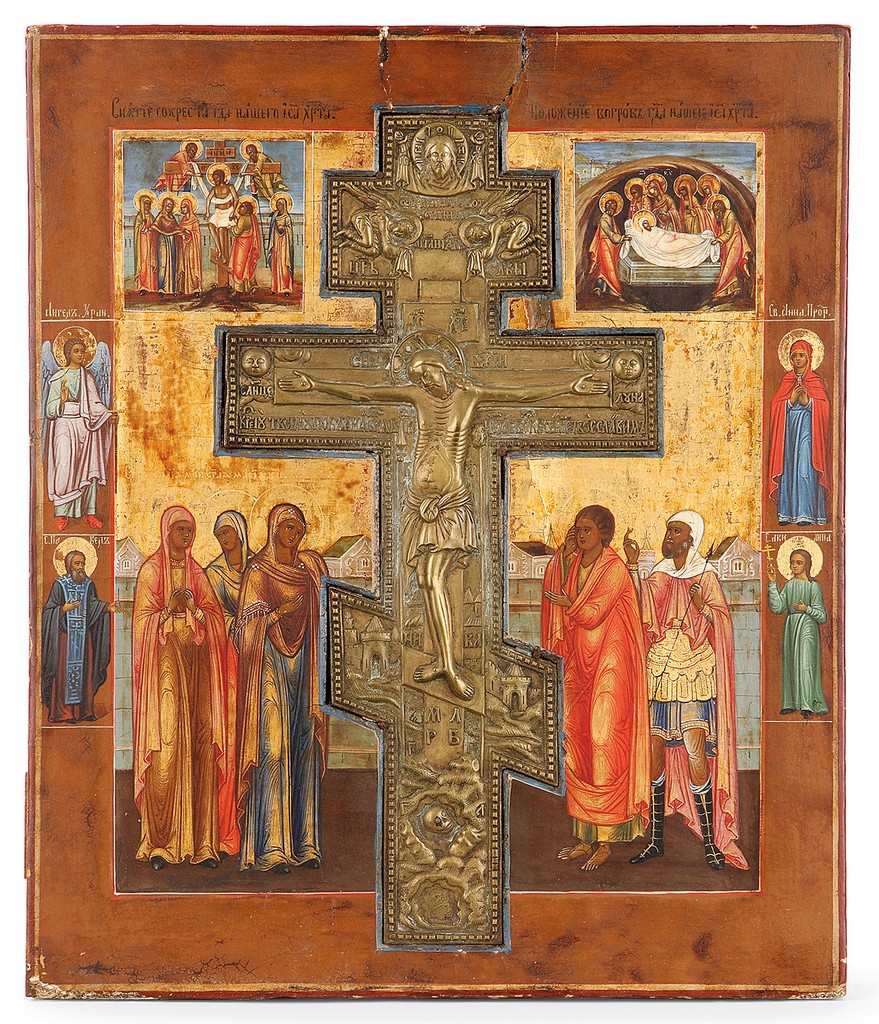 A Russian icon depicting the crucifixion, tempera on wood, 19th century. HEIGHT. 17 23/32 IN. -