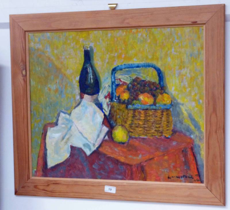 T LIVINGSTONE STILL LIFE BASKET OF FRUIT SIGNED FRAMED OIL PAINTING 50 X 60CM