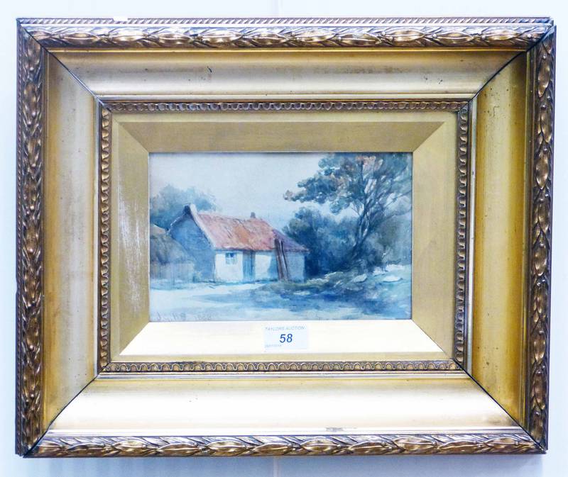 COTTAGE SCENE SIGNED GILT FRAMED WATERCOLOUR 14 X 22CM