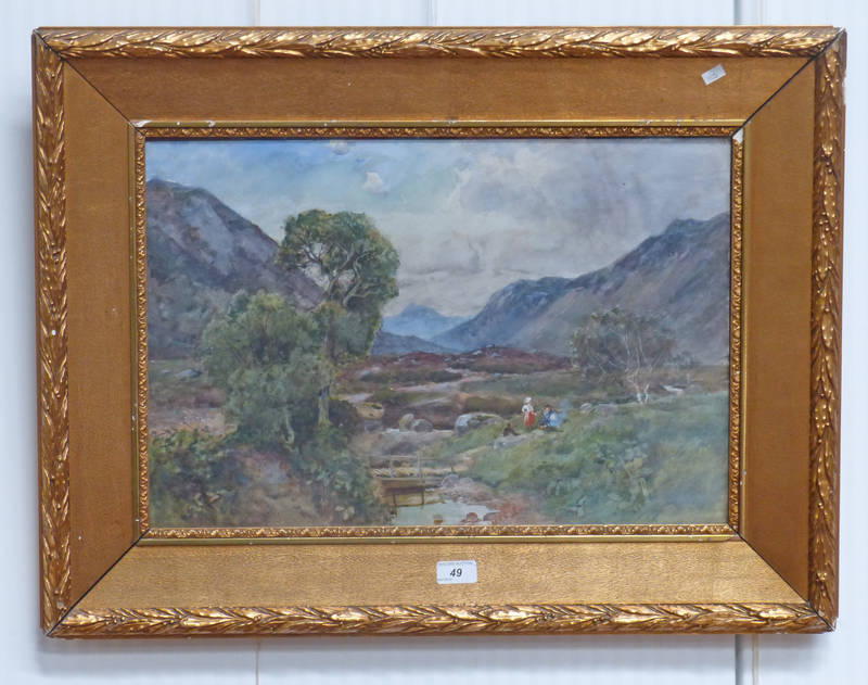 GEORGE GRAY CHILDREN IN A HIGHLAND GLEN SIGNED GILT FRAMED WATERCOLOUR 37 X 55CM