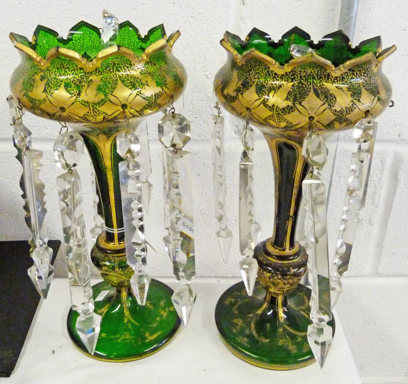 PAIR GREEN GLASS GIRONDELLES WITH GILT DECORATION 32CM TALL