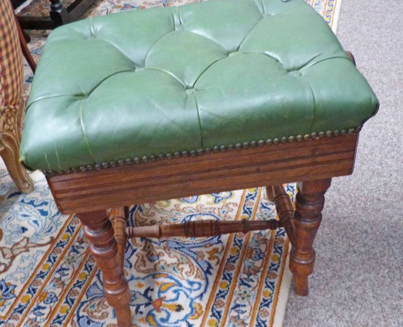 LATE 19TH CENTURY ROSEWOOD RISE & FALL PIANO STOOL WITH LEATHER BUTTON SEAT ON TURNED SUPPORTS