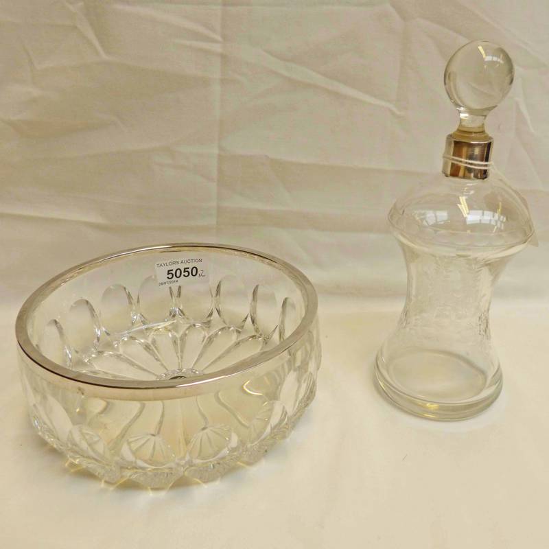 GERMAN PRESS MOULDED GLASS BOWL WITH SILVER COLOURED RIM WITH .800 POST 1886 STANDARD MARK AND A