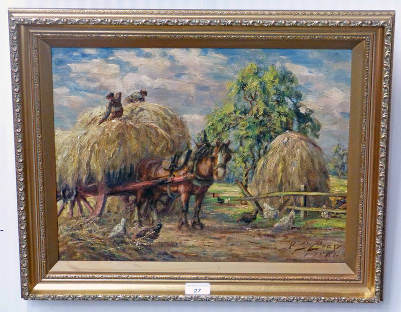 J C GRAY HAY CART SIGNED GILT FRAMED OIL PAINTING 34 X 45CM