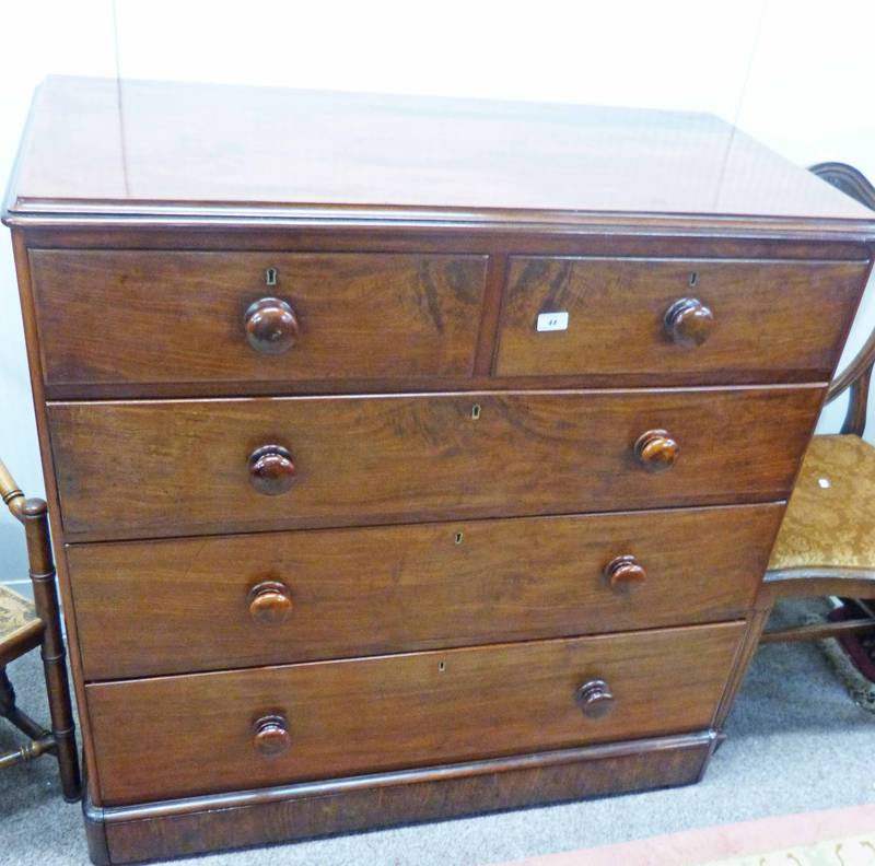 VICTORIAN MAHOGANY CHEST OF 2 SHORT OVER 3 LONG DRAWERS ON PLINTH BASE