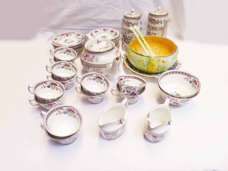 ROYAL CROWN DERBY TEA SET WITH PINK AND GREEN FLORAL DECORATION AND ROYAL MINTON SALAD BOWL AND