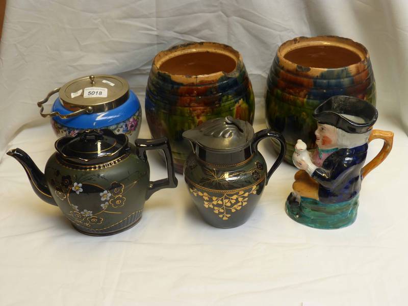 2 19TH CENTURY SCOTTISH POTTERY JARS, BISCUIT BARRELL, 2 LIDDED TEAPOTS AND TOBY JUG