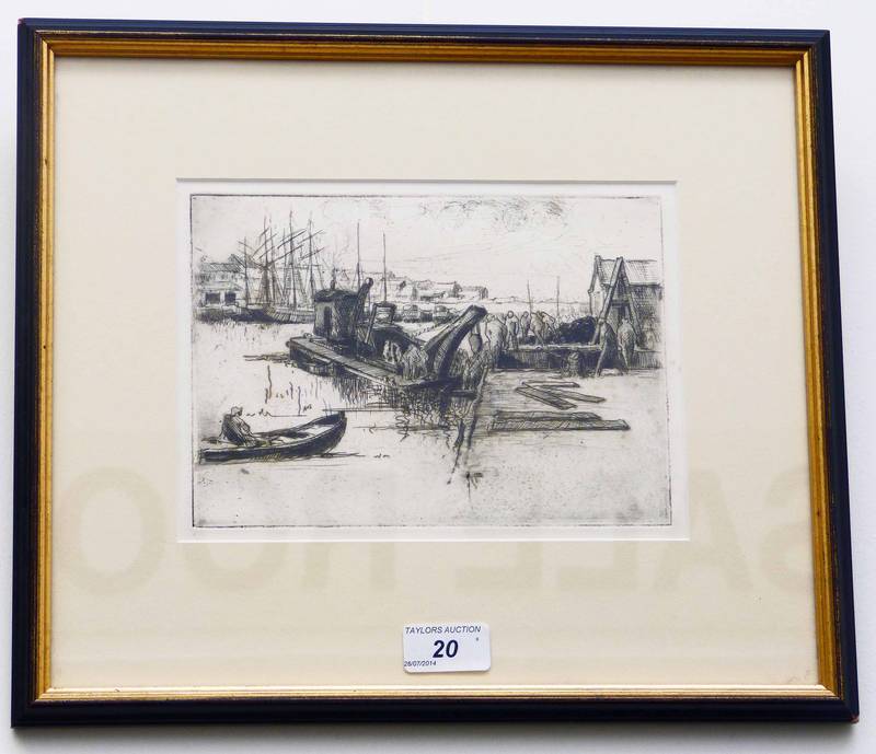 WILLIAM LAMB A COAL BARGE BESIDE THE QUAY FRAMED ETCHING 15 X 21CM