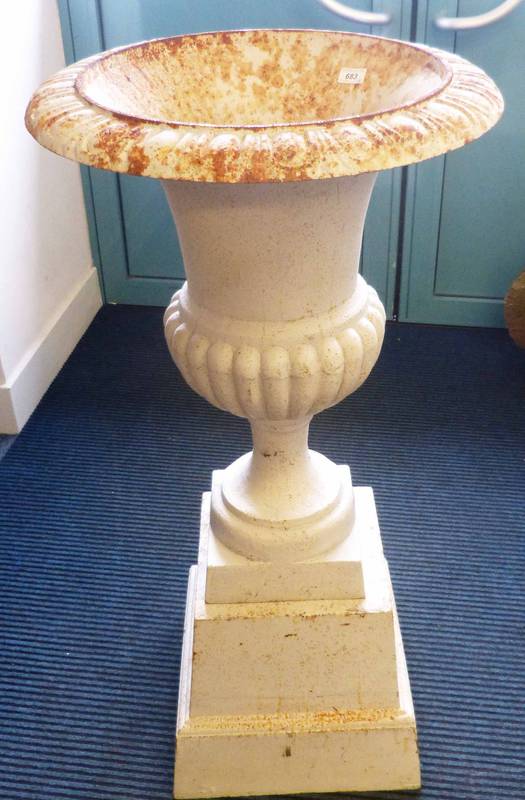 PAIR WHITE CAST IRON GARDEN URNS ON PLINTH BASES 108CM TALL