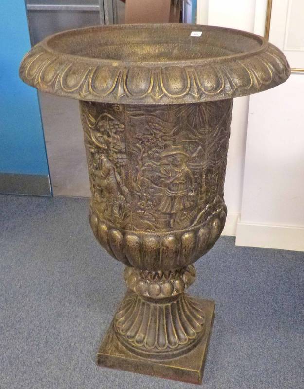 LARGE CAST IRON GARDEN URN DECORATED WITH FIGURES IN A RURAL LANDSCAPE 119CM TALL