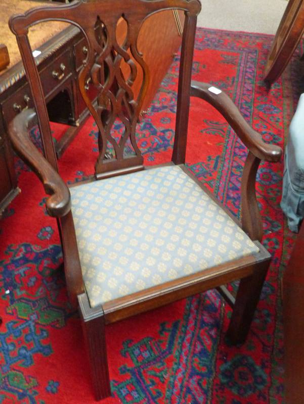 19TH CENTURY MAHOGANY OPEN ARMCHAIR ON SQUARE SUPPORTS