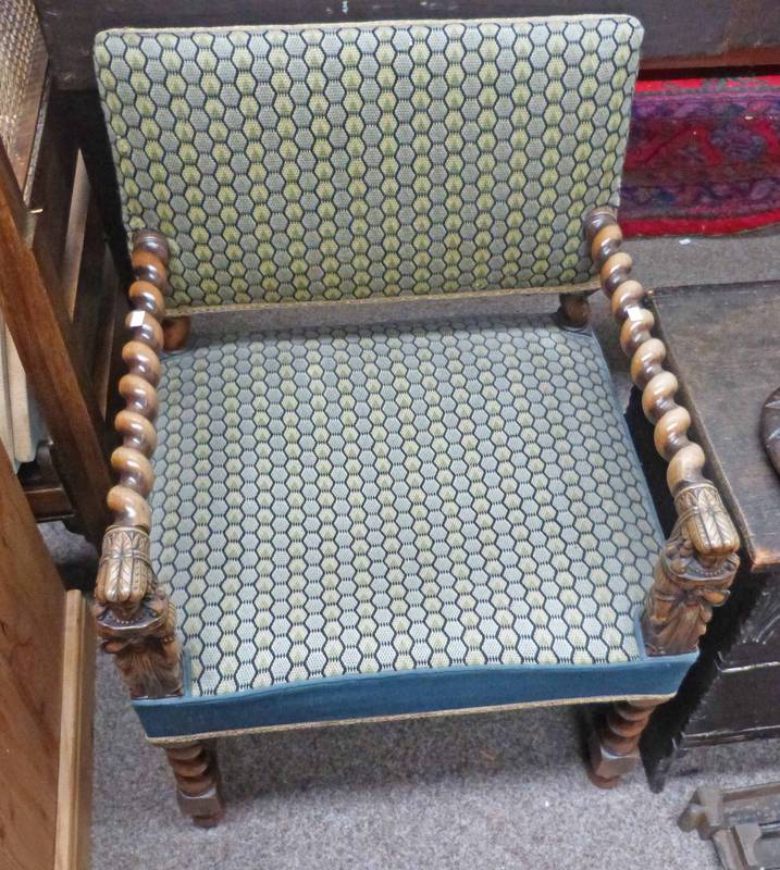 PAIR 19TH CENTURY WALNUT OPEN ARMCHAIR WITH TAPESTRY SEAT & BACK, BARLEY TWIST SUPPORTS WITH