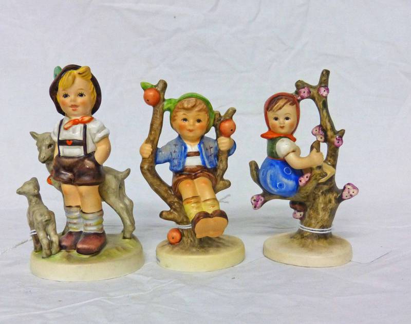 THREE GOEBEL FIGURES: APPLE TREE GIRL, HERBST APPLE TREE BOY ABD ZIEGENBUB LITTLE GOAT HERDER -3-