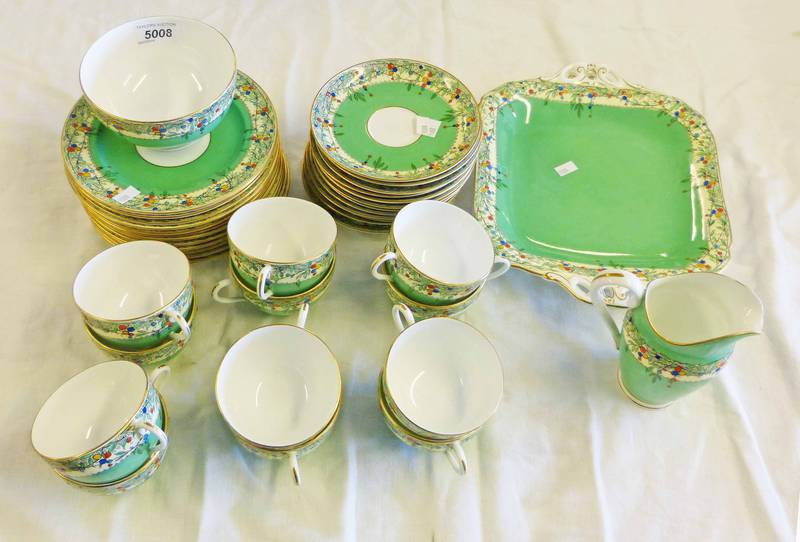 ROYAL WORCESTER GREEN AND GILT FLORAL DECORATED TEASET