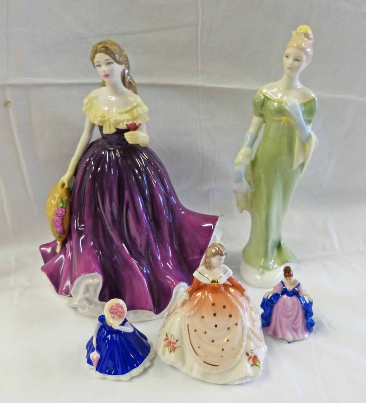 ROYAL DOULTON FIGURE PRETTY LADIES - MARY, SARAH AND LORNA AND COALPORT FIGURE LILY