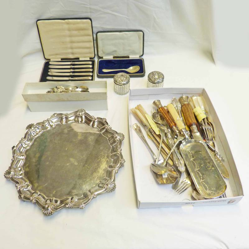 PAIR SILVER TOPPED CUT GLASS JARS, SILVER PLATED SALVER ETC
