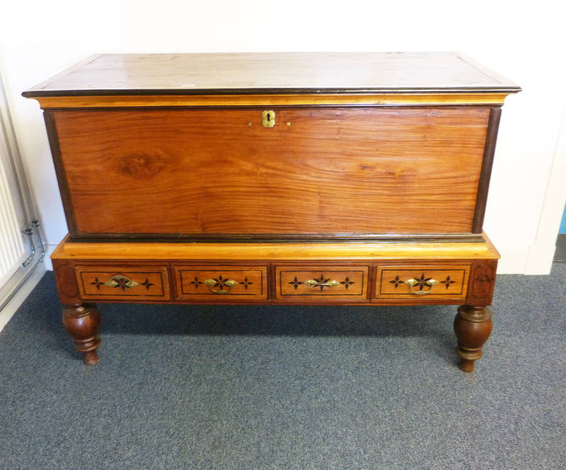 GOAN HARDWOOD COFFER ON STAND WITH 4 DRAWERS ON TURNED SUPPORTS