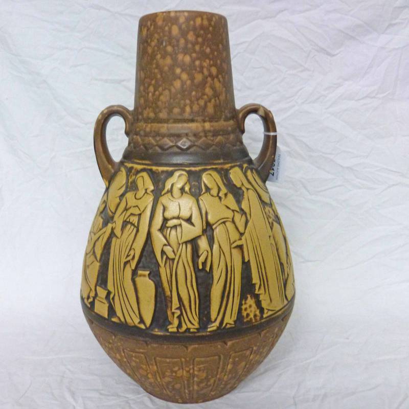 20TH CENTURY GERMAN POTTERY VASE WITH EMBOSSED FIGURES AROUND CENTRE, APPROX 46CM TALL