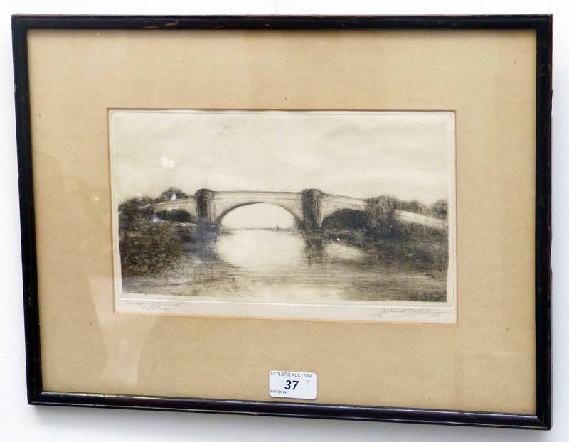 JOHN A MYLES 1937 BRIDGE OF DUN SIGNED FRAMED ETCHING 14 X 26CM