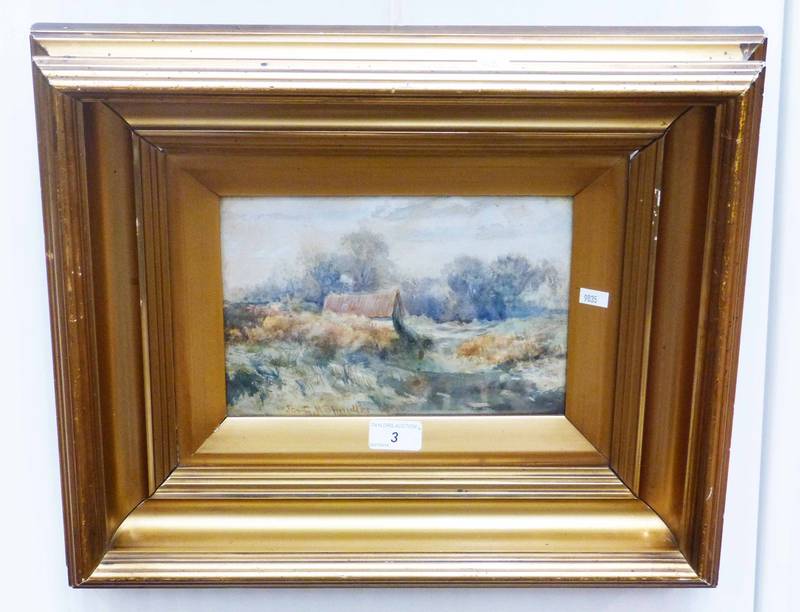 JAMES SPINDLER COTTAGE SCENE MONOGRAMMED GILT FRAMED WATERCOLOUR 17 X 24.5CM