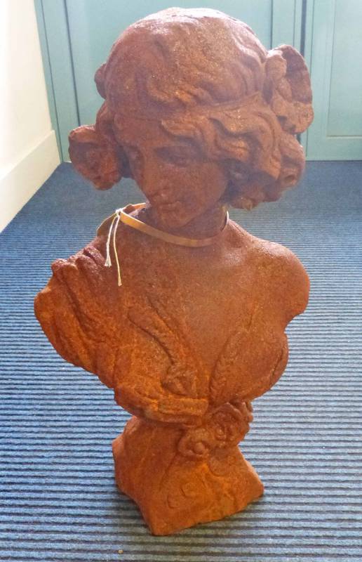 CAST IRON GARDEN BUST OF A YOUNG GIRL - 64CM TALL