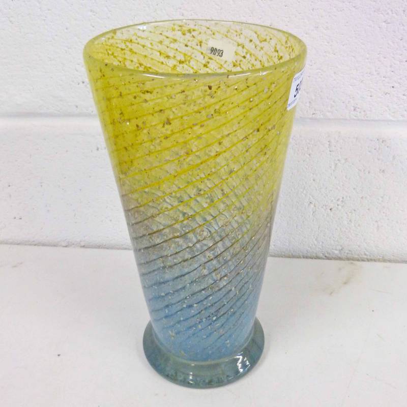 BLUE AND YELLOW ART GLASS VASE, 25.5CM TALL