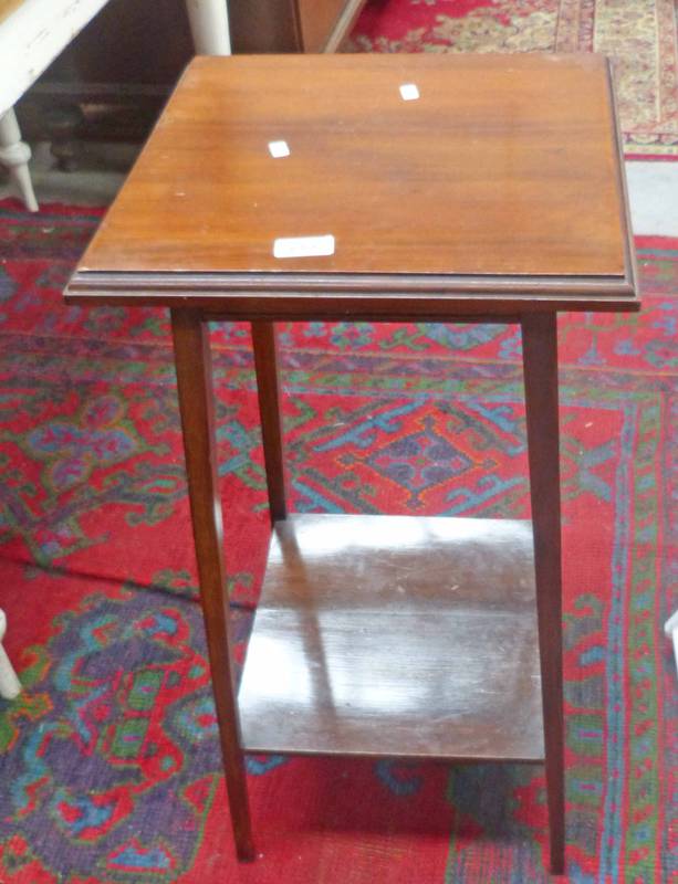 LATE 19TH CENTURY MAHOGANY SQUARE TOPPED OCCASIONAL TABLE WITH UNDERSHELF & SQUARE SUPPORTS