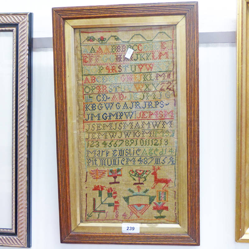 VICTORIAN FRAMED SAMPLER, DATED 1849, MARY EMSLIE AGED 14 42 X 21CM