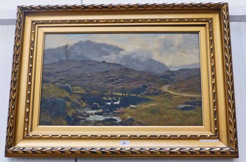 D CAMERON HEATHER BRAES KILLIN SIGNED GILT FRAMED OIL PAINTING - DISTRESSED 39 X 64CM