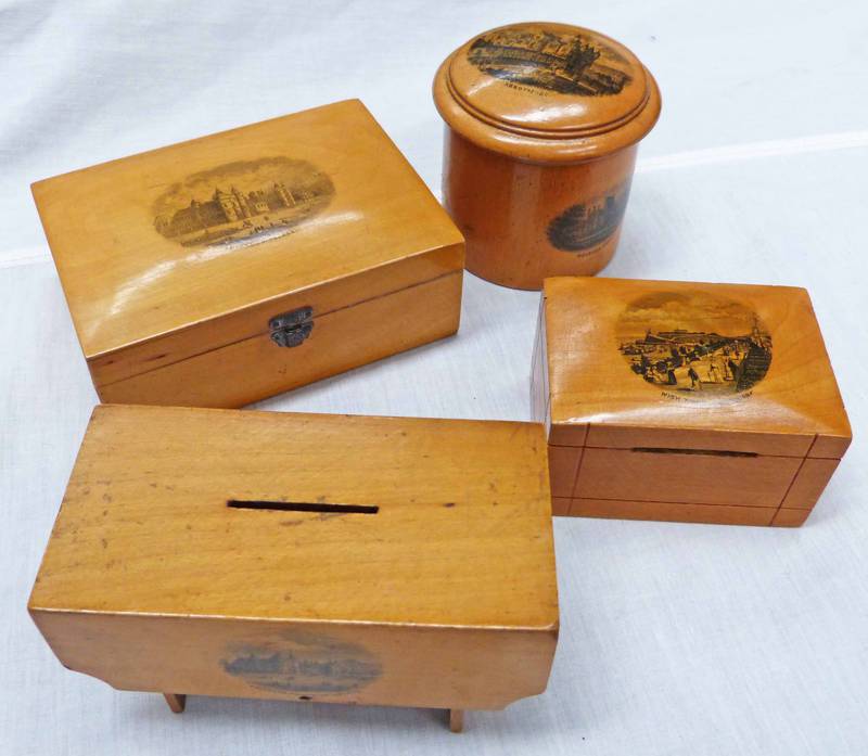 4 PIECES MAUCHLINE WARE: 2 MONEY BOXES - WISH TOWER & HOLYROOD PALACE, CIRCULAR BOX - ABBOTSFORD &