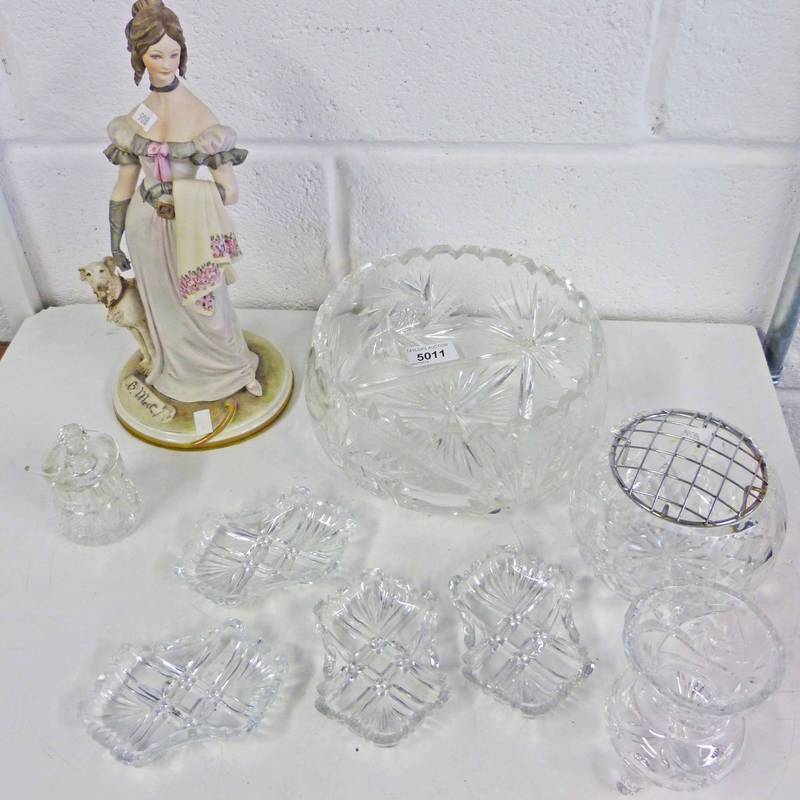 SELECTION OF CUT GLASS BOWLS, ETC. AND NAPLES PORCELAIN FIGURE OF WOMEN WITH DOG AND LEATHER