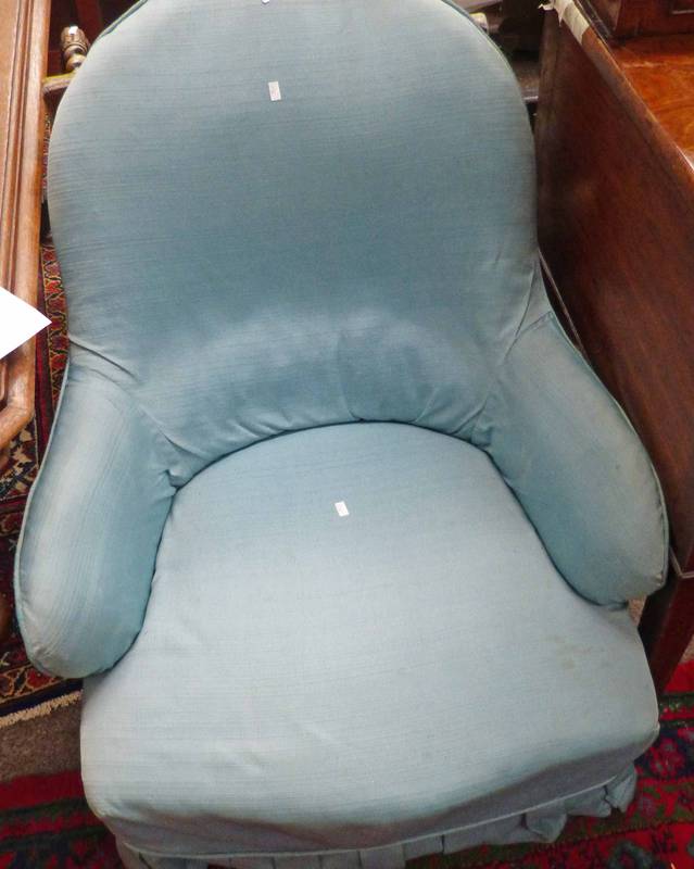 LATE 19TH CENTURY OVERSTUFFED LADIES CHAIR ON TURNED SUPPORTS