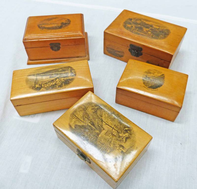 5 MAUCHLINE WARE BOXES: JACOBS LADDER, ROTHESAY, 3 SISTERS & GOAT ISLAND, BOURNEMOUTH & SHANKLIN