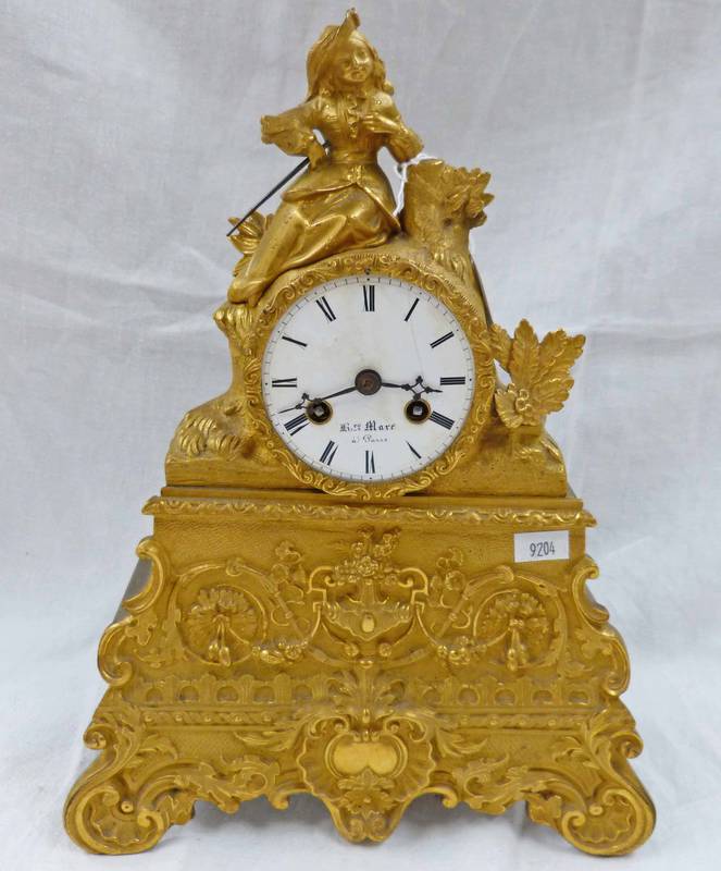 LATE 19TH CENTURY GILT METAL MANTLE CLOCK WITH WHITE ENAMEL DIAL SIGNED MARR PARIS SURMOUNTED BY A