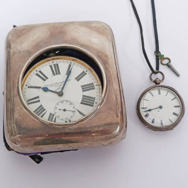 SILVER CASED POCKET WATCH AND LARGE POCKET WATCH MARKED GOLDSMITHS & SILVERSMITHS CO LTD, 112